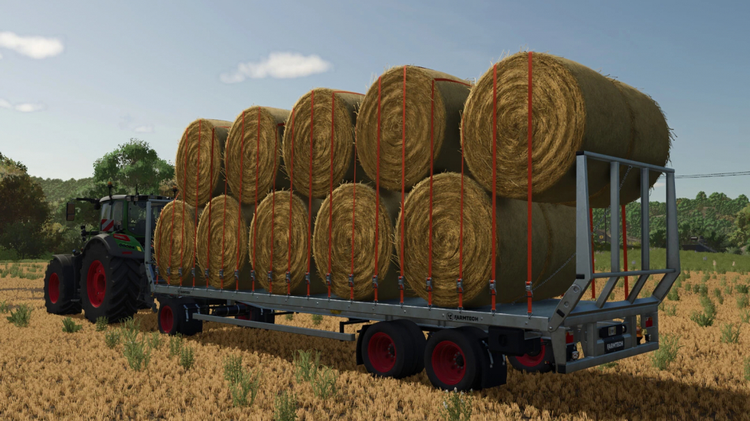 FS25 Bale Autoload Pack mod showing a tractor pulling a trailer loaded with large round hay bales.