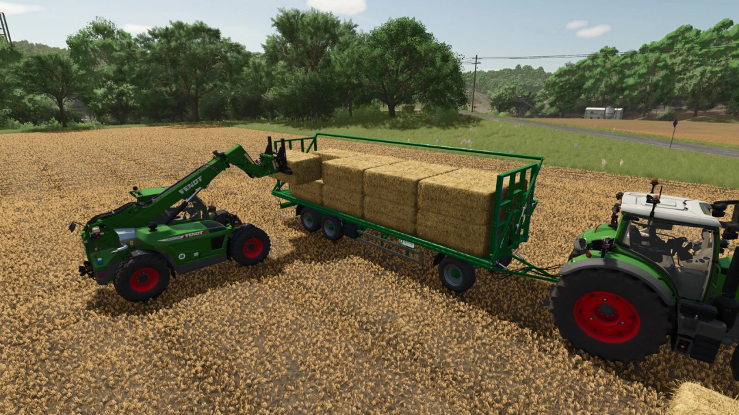 FS25 Bale Autoload Pack mod showing a tractor loading bales onto a trailer in a field.