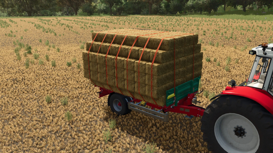 Bale Autoload Pack v1.0.0.0 mod in FS25 showing tractor with hay bales loaded on a trailer in a field.