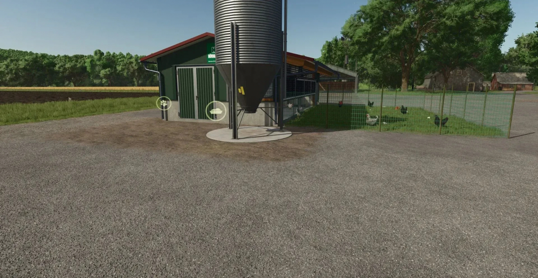 Image of BigChickenBarn mod for FS25 showing a large chicken barn with a silo and fenced area in a rural setting.