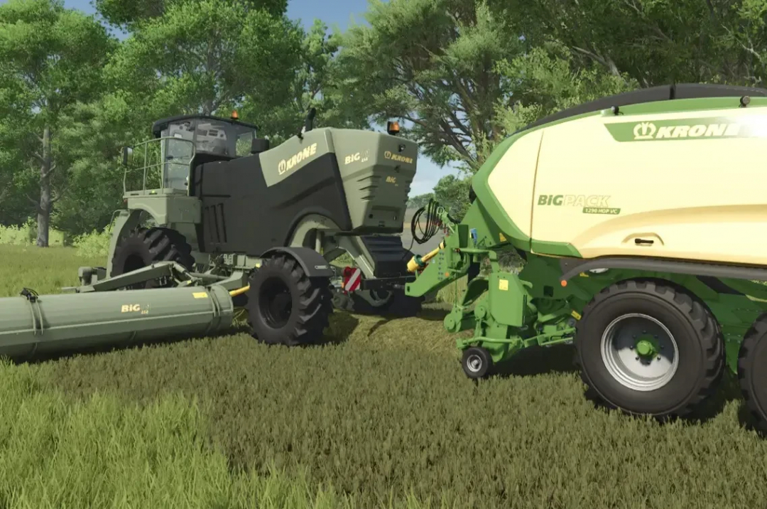 FS25 mod Big M 450 Zapf v1.0.0.0 featuring Krone machinery in a field setting.