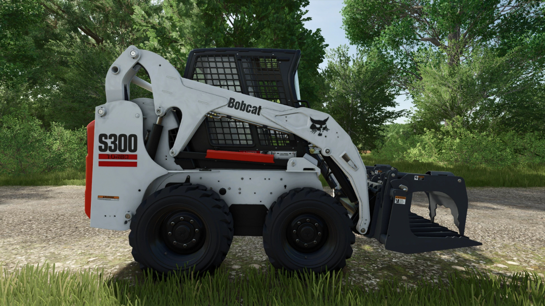 FS25 mods: Bobcat 190/300 Series v1.0.0.0 skid steer in scenic forest background.