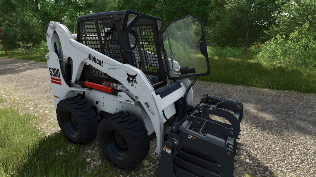 Bobcat 190/300 Series mod for FS25, showing a skid steer loader on a dirt path in a forest setting.