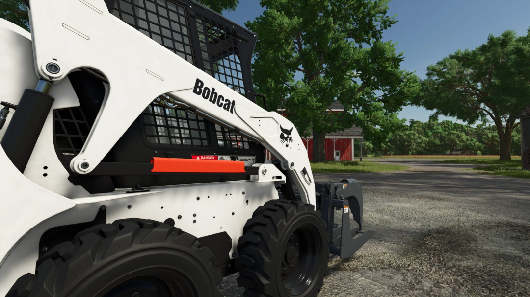 Close-up of Bobcat 190/300 Series in FS25 mod scene with trees and red barn. Farming Simulator 25 mods.