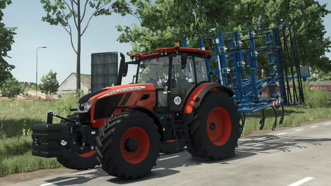 FS25 mod Bonnel Multicultor v1.0.0.0 featuring a Zetor Crystal HD 170 tractor with cultivator on a rural road in Farming Simulator 25.