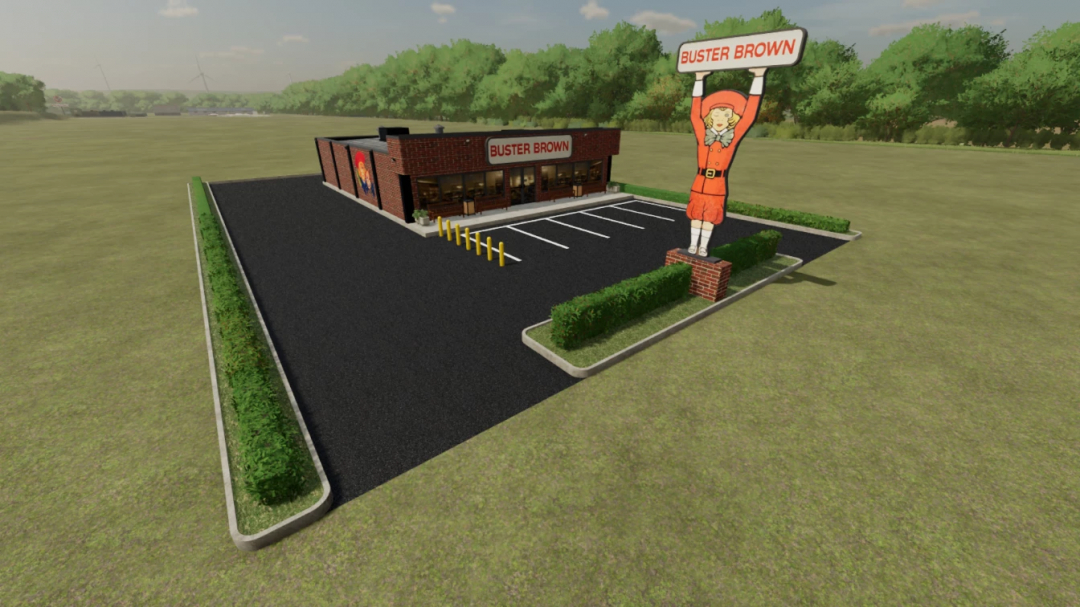 Buster Brown Shoe Store mod for FS25, featuring a brick building with signage and parking area.