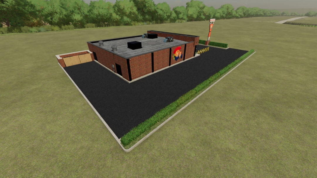 FS25 mod Buster Brown Shoe Store v1.0.0.0 in a rural setting, showcasing a brick building with parking area.