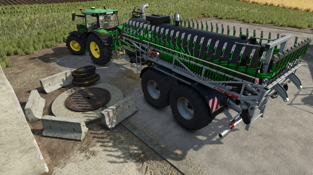 FS25 mod Buying Slurry Manure And Lime v1.0.0.0 featuring a green tractor and slurry tank in a farm setting.