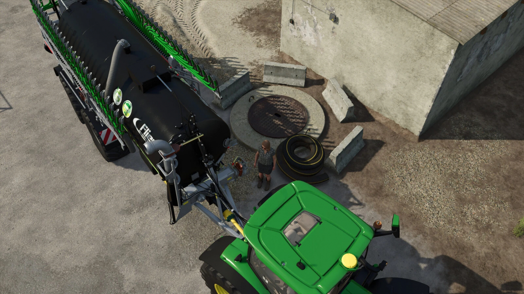 Top view of tractor and slurry tank in FS25 Buying Slurry Manure And Lime mod.