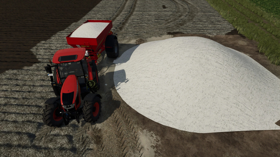 FS25 mod Buying Slurry Manure And Lime v1.0.0.0 showing a tractor with lime spreader next to a large lime pile.