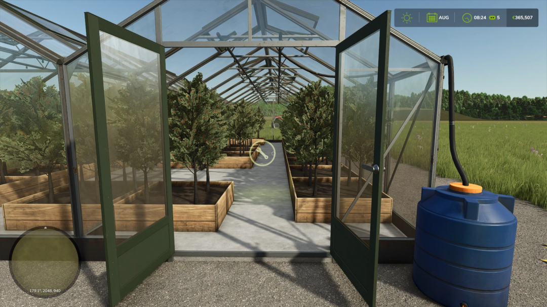 Greenhouse with coffee plants in Farming Simulator 25 mod. Two open doors and a water tank outside enhance the COFFEE PRODUCTION setup.