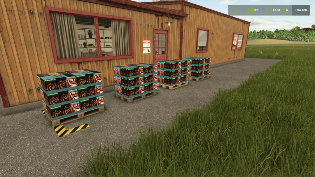 FS25 mod Coffee Production showing pallets of coffee outside a wooden building.