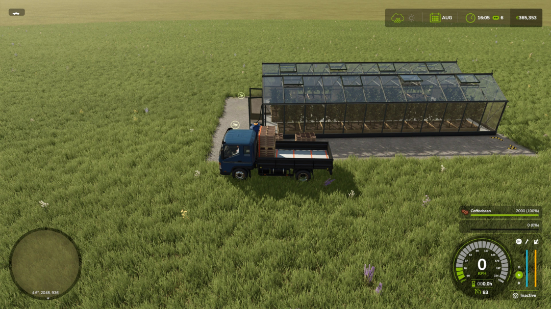 FS25 mod image showing a coffee production greenhouse with a truck parked beside it on a grassy field.