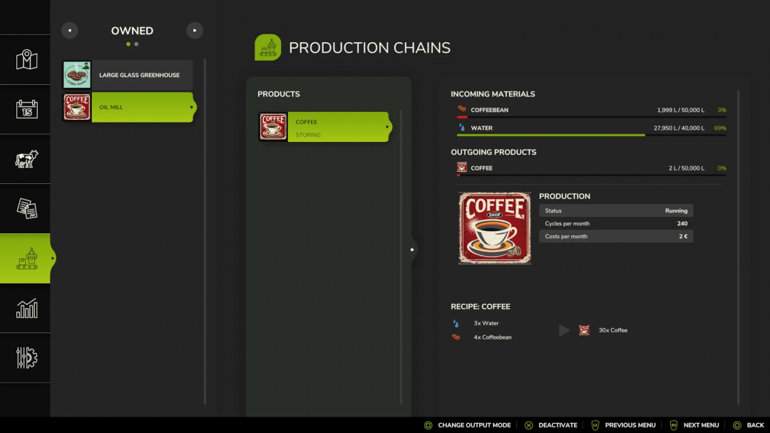 Farming Simulator 25 mods interface showing Coffee Production details with water and coffee beans as materials.