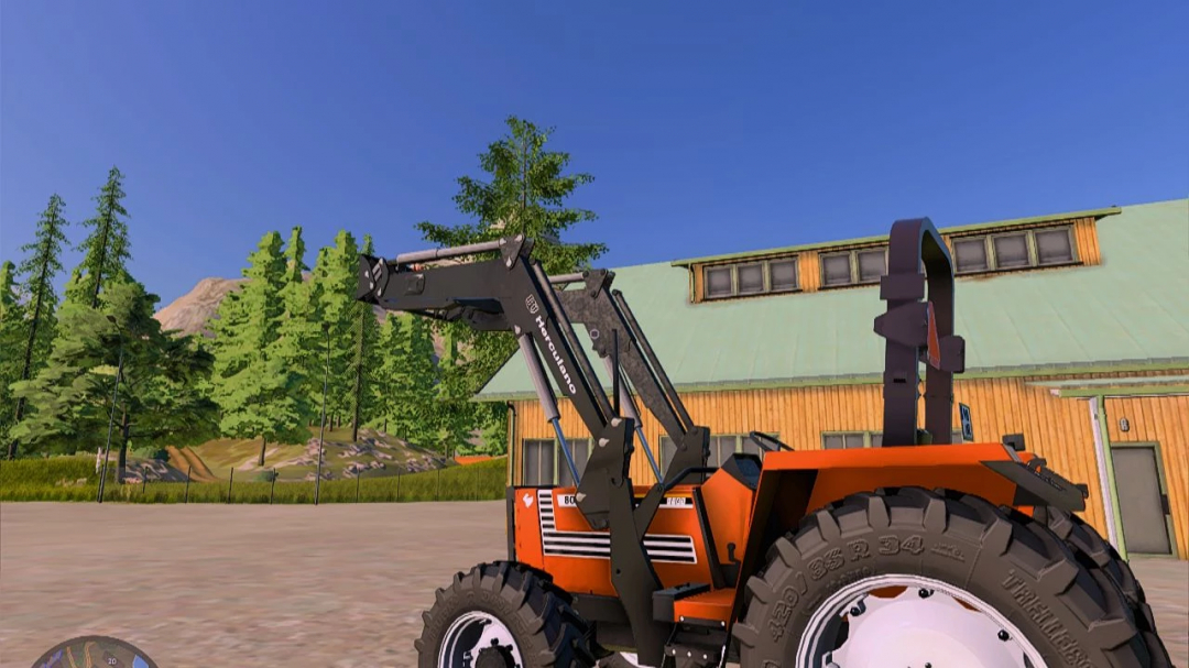 FS22 mod Carregador Herculano edit v1.0.0.0, a tractor loader attachment, against a farm backdrop.