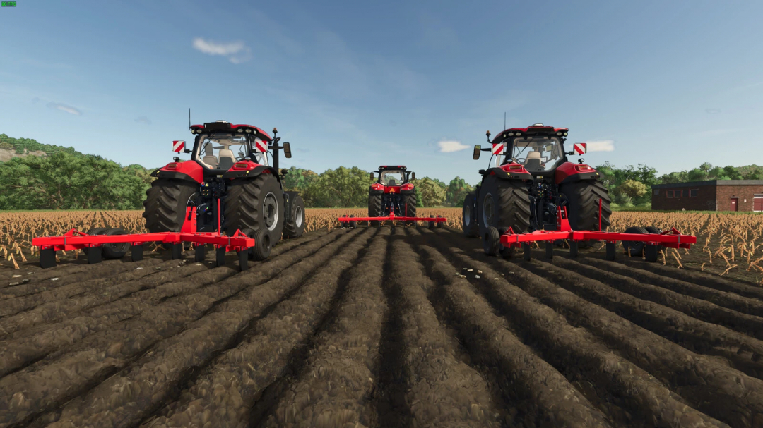 Three Case IH tractors with plows on a farm field in FS25 mod Case IH 14 v1.0.0.0.