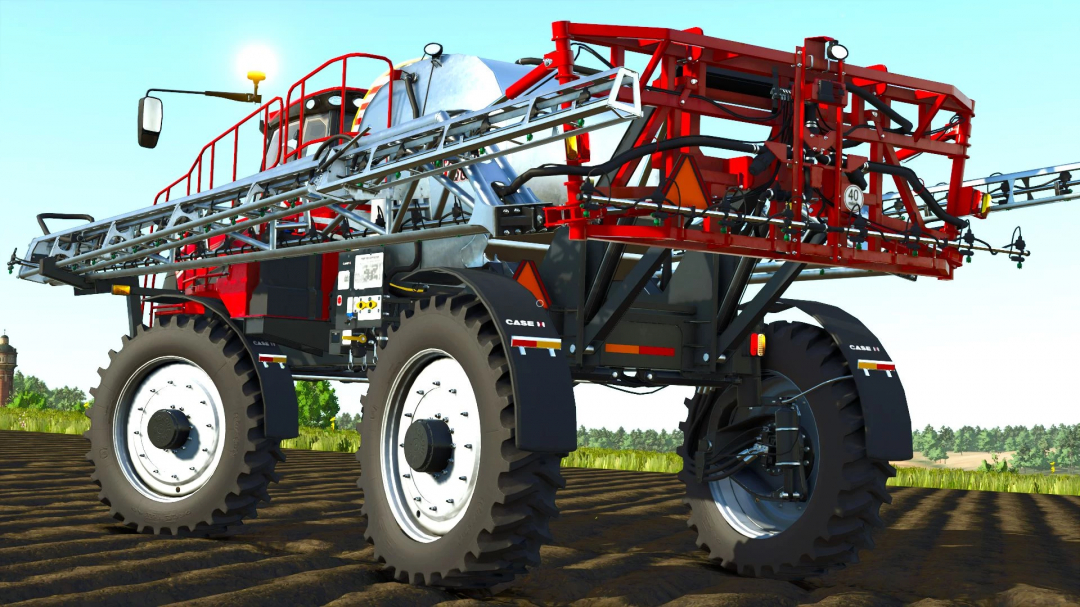 Case IH Trident 5550 mod in FS25, showcasing its large wheels and equipment against a field backdrop.