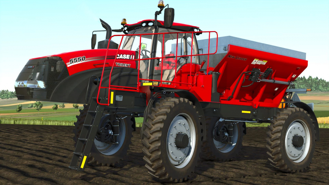 Case IH Trident 5550 mod in FS25, showcasing red farming machinery on a plowed field.