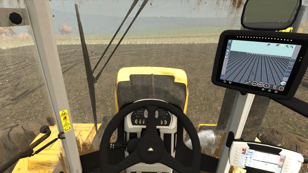 Interior view of Challenger MT900 v1.0.0.0 mod in FS25, showcasing cockpit controls and display screen while farming.