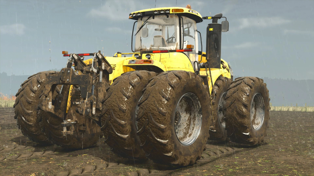 Challenger MT900 tractor mod in FS25, rear view on muddy field.