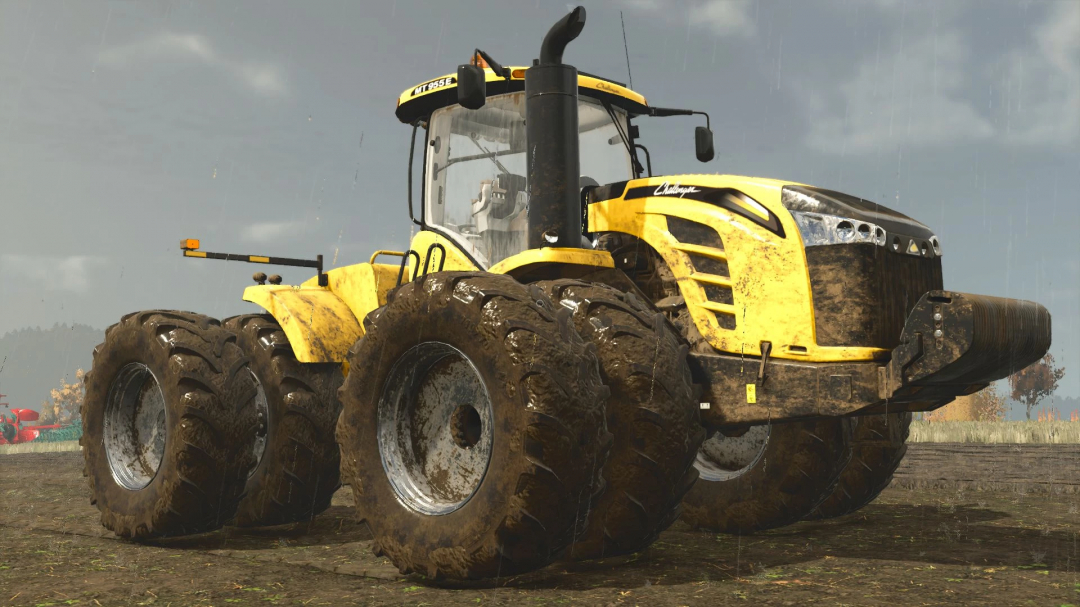 Challenger MT900 tractor in FS25 mods, depicted muddy in a field, showcasing its powerful design.