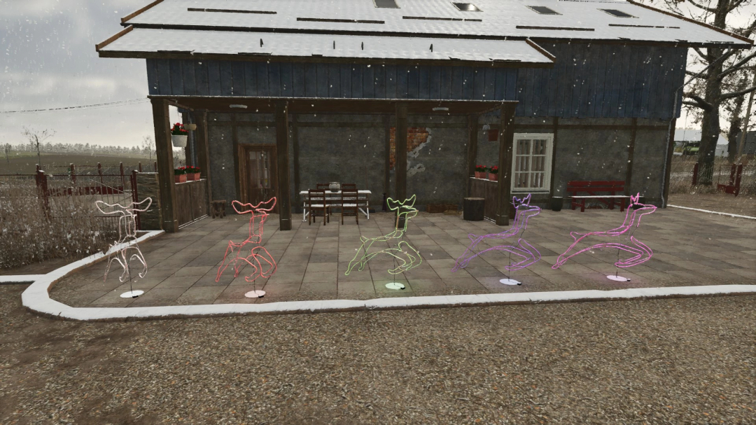 FS25 mods, Christmas Decorative Package with colorful reindeer lights in front of a farmhouse in Farming Simulator 25.