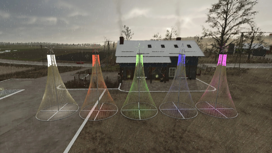 FS25 mods: Christmas Decorative Package v1.0.0.0 featuring colorful wireframe Christmas trees outside a farmhouse.