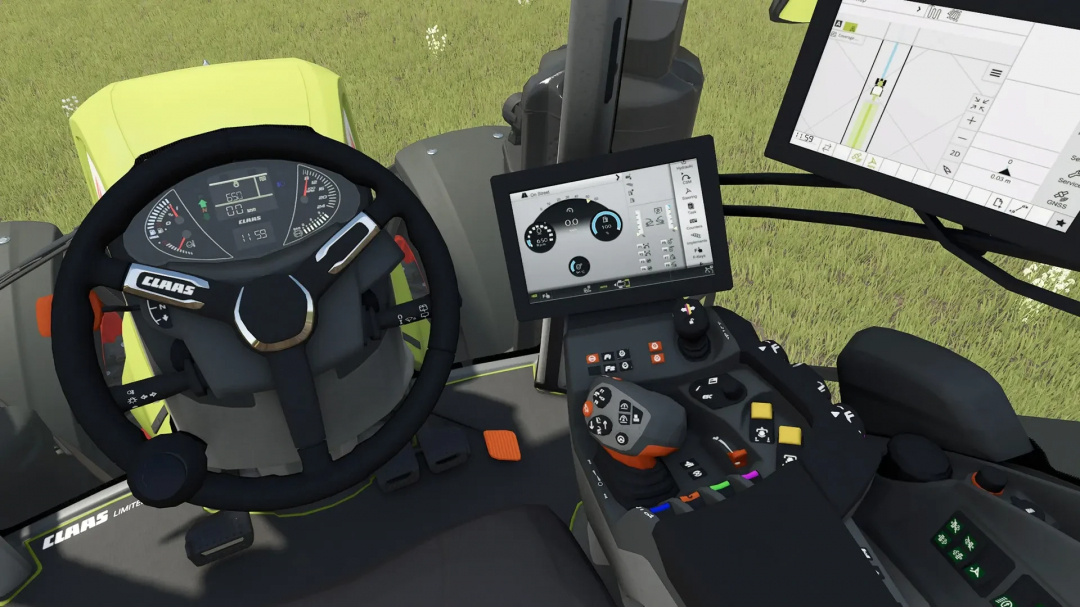 Interior view of Claas Axion 900 Special mod in FS25 with steering wheel and control panels.