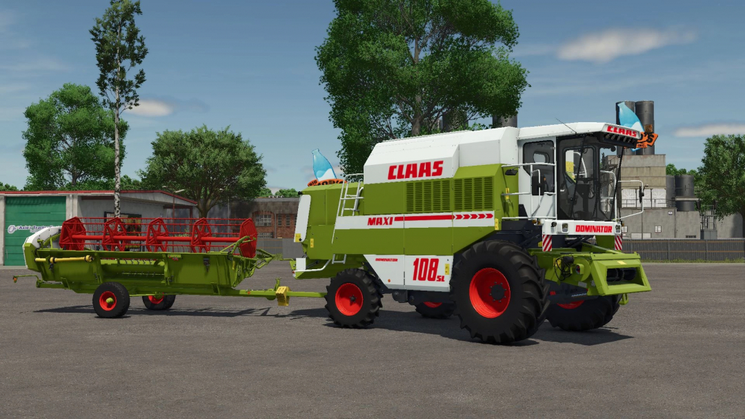 Claas Dominator 108SL combine mod in Farming Simulator 25, showcasing its design and features in a farm setting.