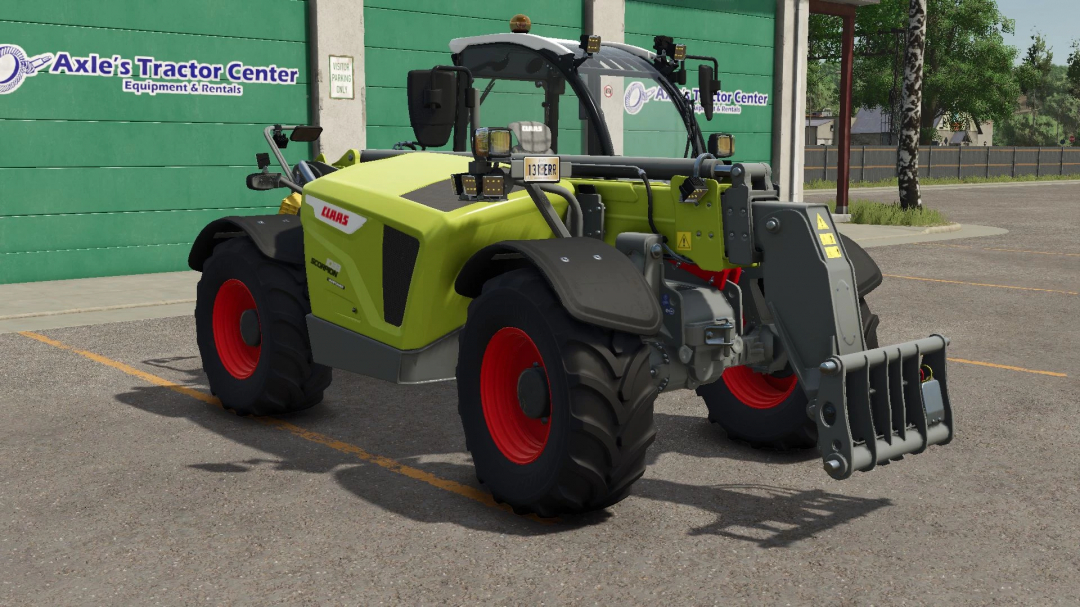 Claas Scorpion 1033 mod for Farming Simulator 25, featuring a green telehandler parked at Axle's Tractor Center.