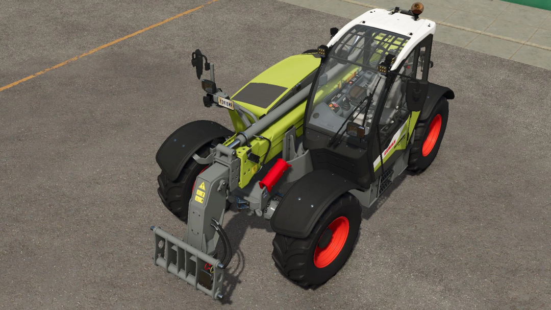 Claas Scorpion 1033 v1.0.0.0 FS25 mod showcasing a lime green and black telehandler with a front loader on a gray concrete surface.