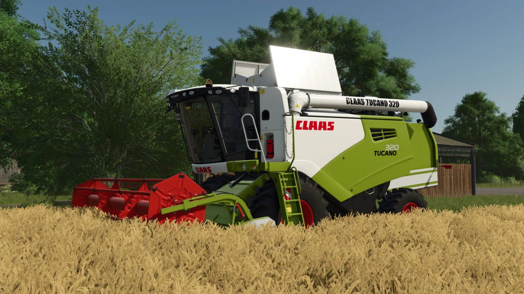 Claas Tucano 320 harvester in a wheat field, featured in Farming Simulator 25 mod.