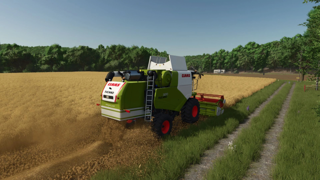 Claas Tucano 320 harvesting wheat in FS25 mod, Farming Simulator 25.