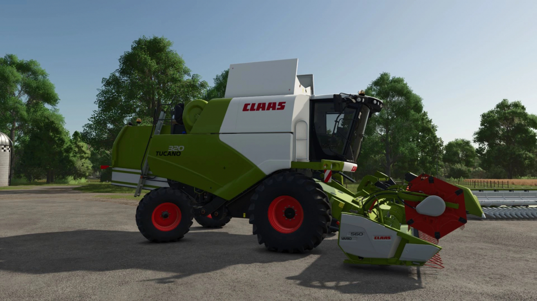 Claas Tucano 320 harvester mod in FS25, showcasing its design against a rural backdrop.