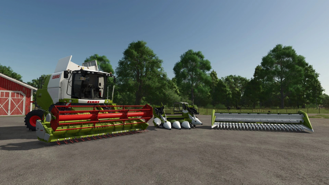 FS25 mod Claas Tucano 320 v1.0.0.0, a harvester with attachments displayed on a farm background.