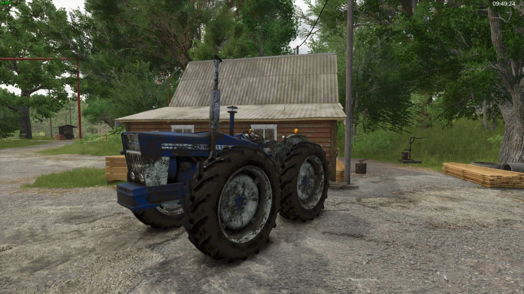 Blue County 1124 tractor mod in Farming Simulator 25 near a rustic house.