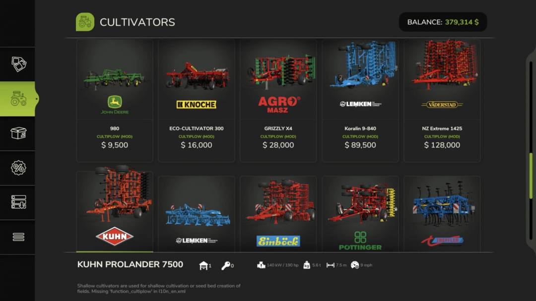 FS25 cultivator menu showcasing various CultiPlow mods, including John Deere, Agro Masz, Lemken, and more, with prices and specs.