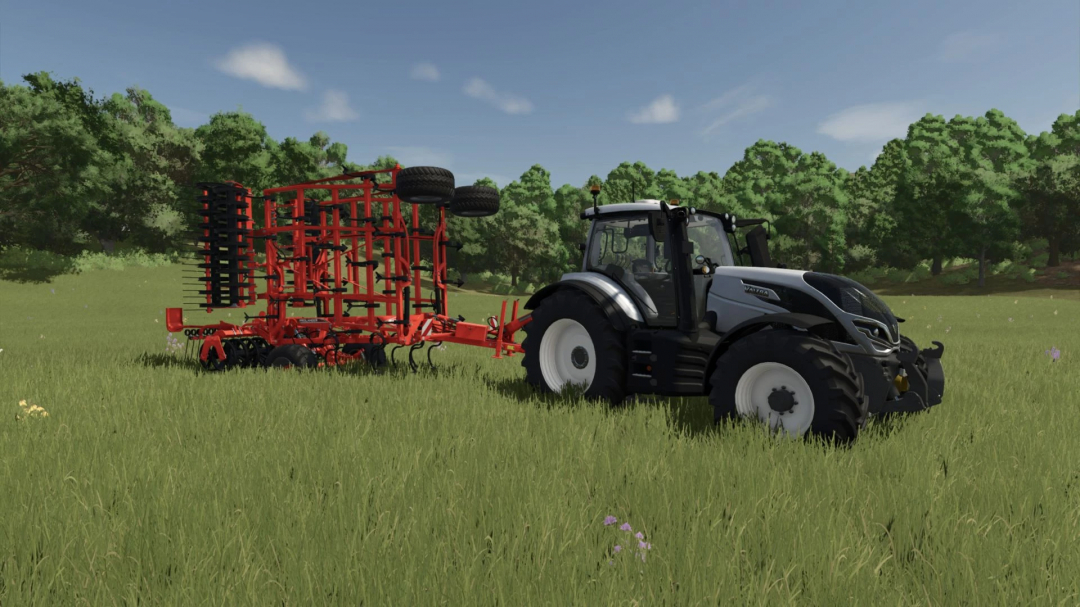 FS25 mod CultiPlow v1.0.0.0 with a tractor in a lush green field, showcasing Farming Simulator 25's realistic farming equipment.