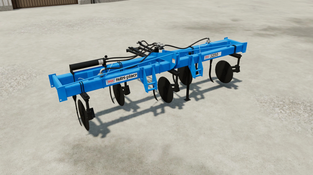 DMI 3250 Pack v1.0.0.0 farm tool mod in FS22, showing a blue agricultural implement on a concrete surface.