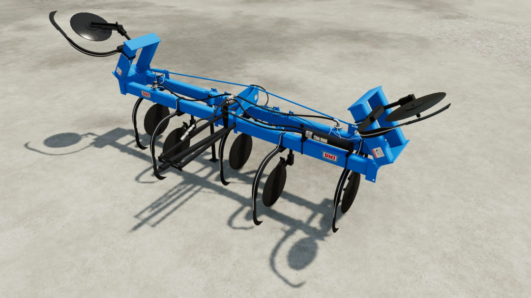 DMI 3250 Pack mod in FS22 features a blue agricultural implement on a concrete surface.