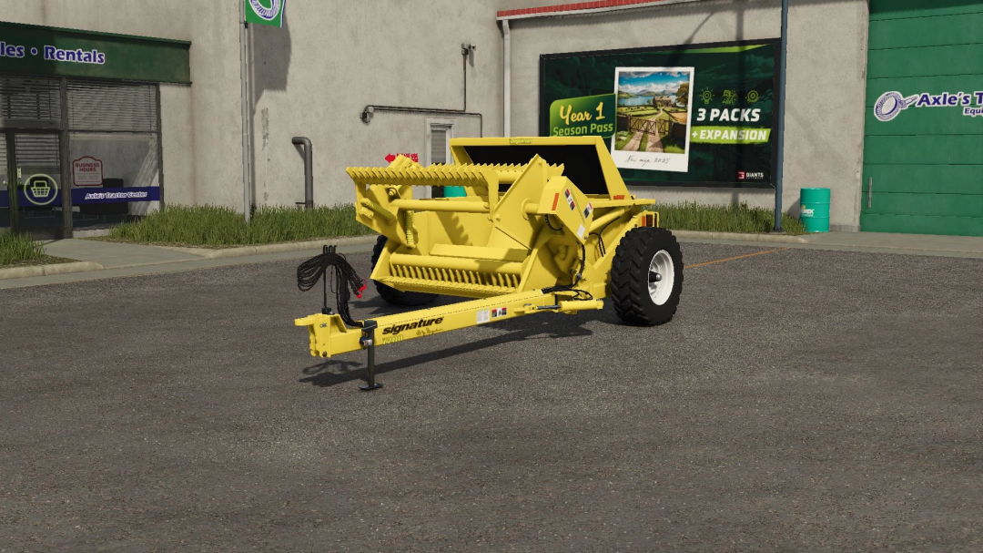 FS25 mod Degelman Rock Picker v1.0.0.0 in a parking lot, enhancing farming equipment options in Farming Simulator 25.