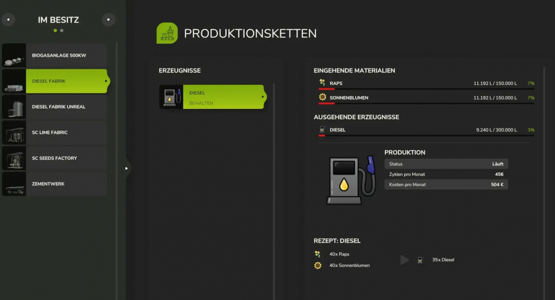 FS25 mod Diesel Factory v1.0.2.1 production screen shows diesel production details and input materials, including rapeseed and sunflowers.