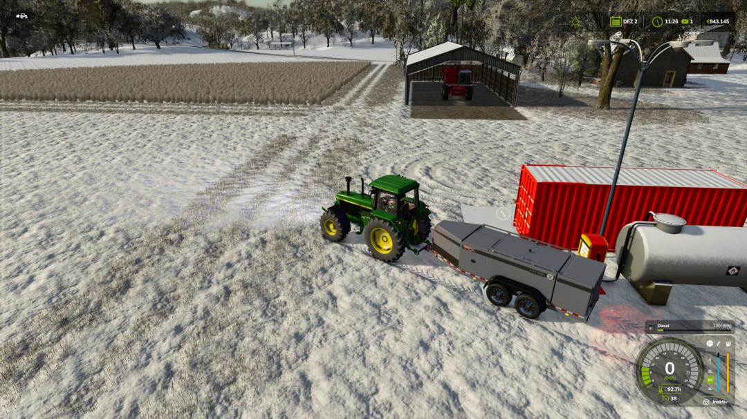 FS25 mod Diesel Production small v1.0.0.0 with tractor on snowy field near storage container.