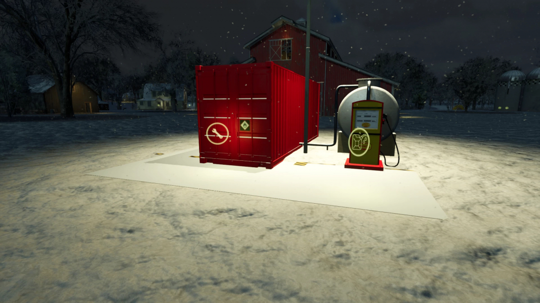 FS25 mod Diesel Production small v1.0.0.0 features a red container and fuel dispenser on a snowy farm at night.