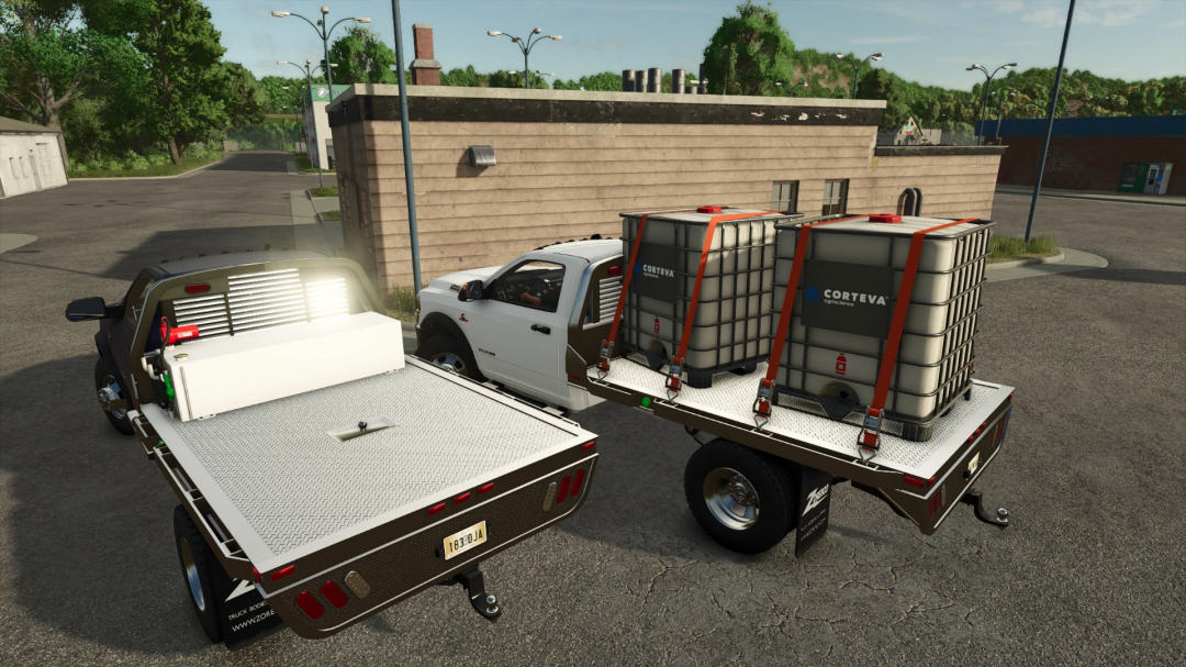 FS25 mod featuring Dodge Ram 5500 with utility trailer carrying tanks in Farming Simulator 25.