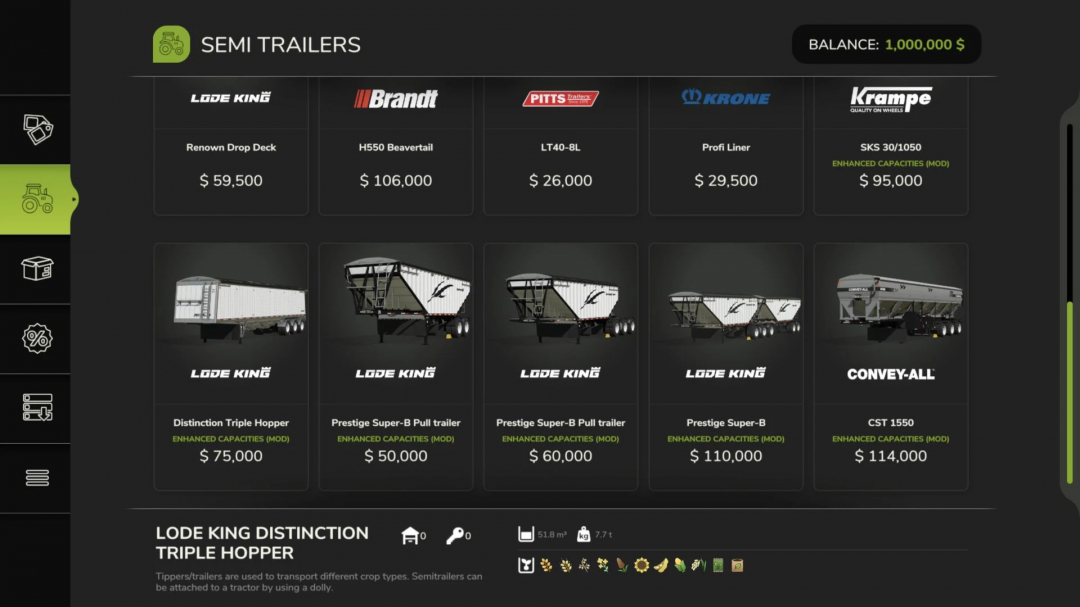 FS25 mod menu displaying semi trailers, including Enhanced Capacity v1.0.0.0 options with prices, enhancing Farming Simulator 25 gameplay.