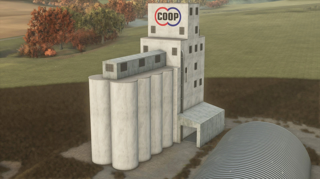 FS25 LJR COOP mod v1.0.0.0 showing a large agricultural storage building in Farming Simulator 25.