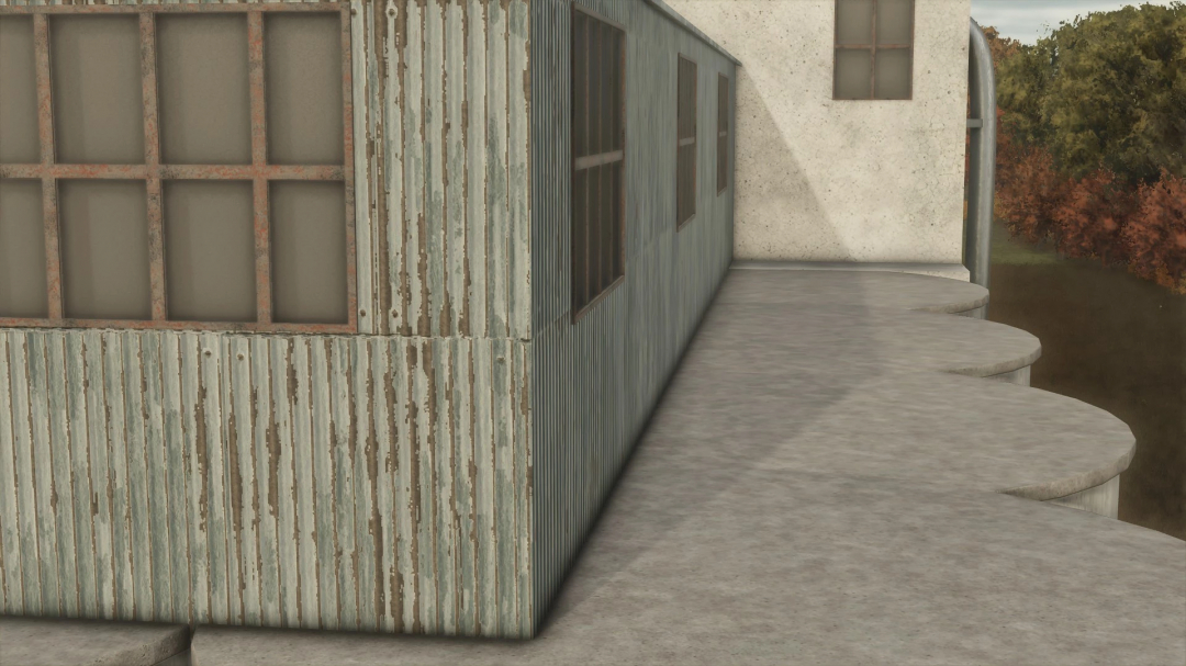 FS25 LJR COOP mod showing a rustic building exterior with corrugated metal and concrete surfaces. FS25 mods.