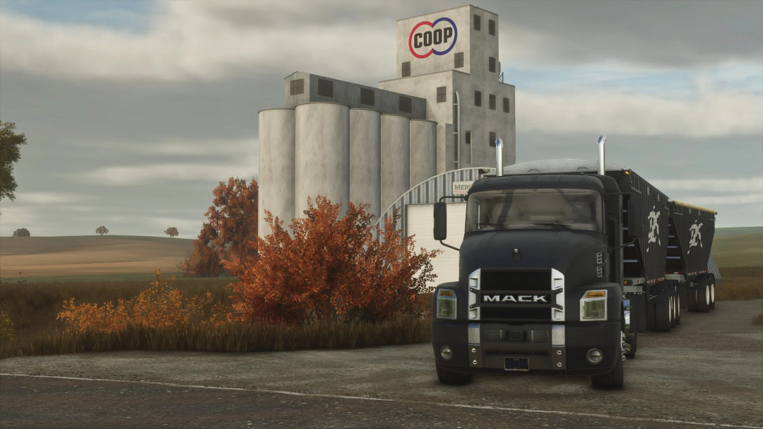 FS25 LJR COOP mod showing a large truck with trailers in front of a silo complex in Farming Simulator 25.