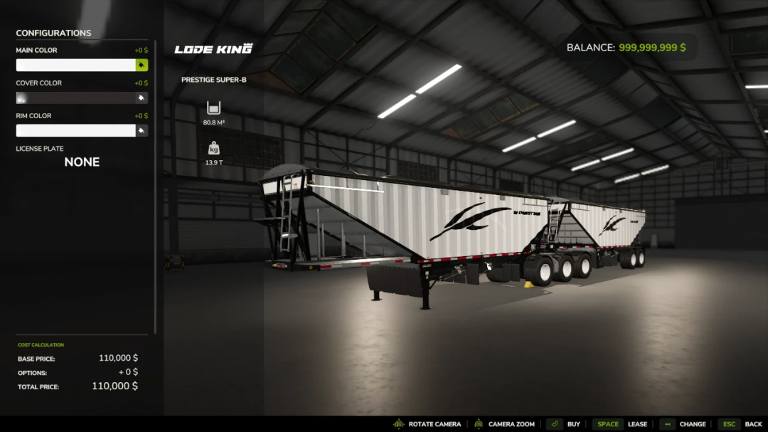 FS25 Prestige Super-B trailer mod in a virtual garage, showcasing customizable features in Farming Simulator 25.